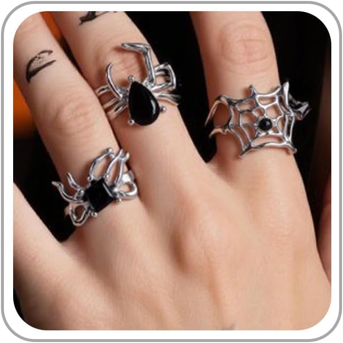 ANGLEQUEEN Punk Halloween Spider Rings for Women Knuckle Black Spider Web Bat Ring Gothic Vintage Dark Crystal Ring Red Rhinestone Statement Rings Halloween Witch Jewelry - Image 1